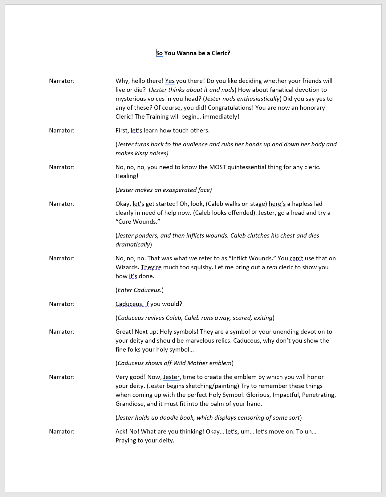 So You Wanna Be a Cleric Script